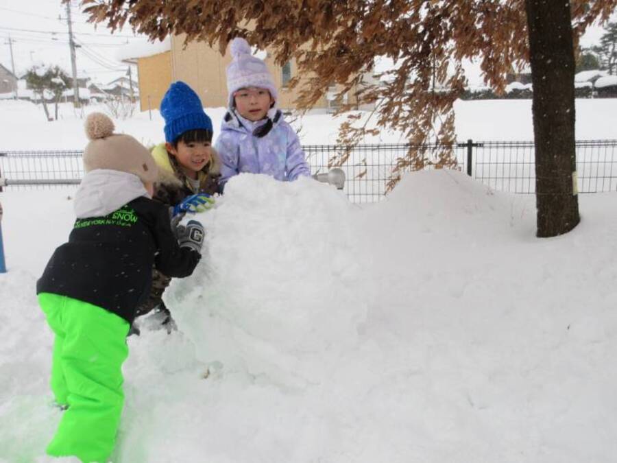 たくさんの雪が積もった日。お友だちが大きな雪玉を作っているのに興味を持った子どもたち。ゆり組さんも一緒に「わたしもてつだう!」「おやまのうえまでもっていこう」「こうしたらうごくんじゃない?」とお友だちと声をかけあい無事に山の上に大きな雪玉を運ぶことに成功!本当はそこで雪だるまにしたかったようですが、それは大人でも難しく…みんなで運んだことでお友だち、先生と大きな達成感を味わっていました。