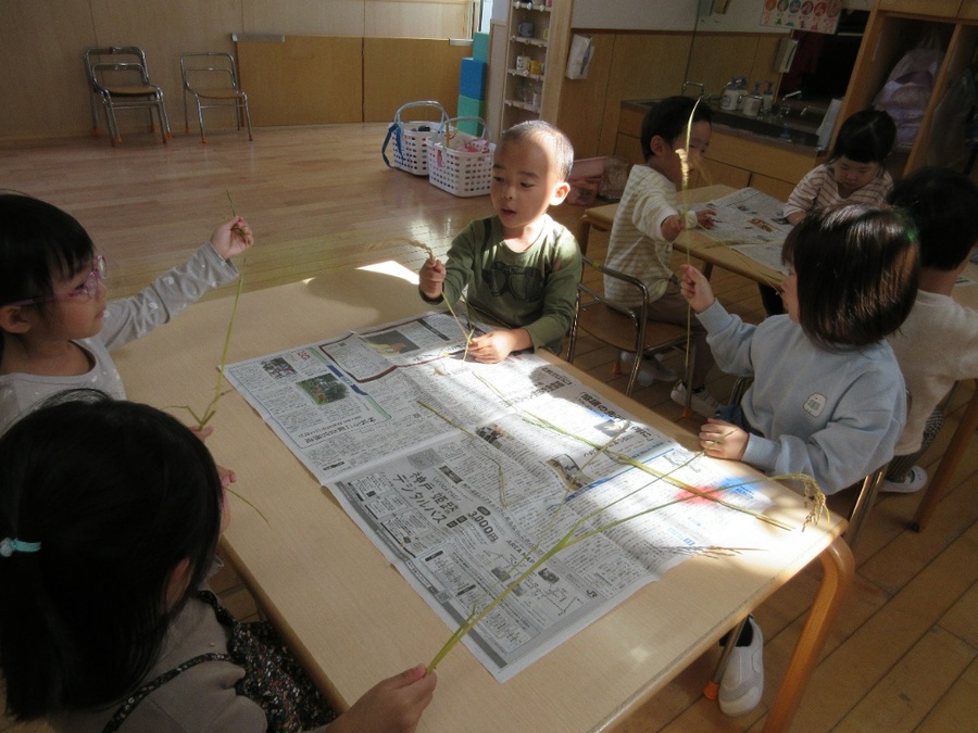 いただいたお米に触れてみんなで遊びました!「お米何個あるかな~?」「お米のにおいするよ!」と子ども達♪カップにお米を入れてマラカスも作って遊びました♪お友達同士で「私のはこんな音するよ♪」「みせてー!」と見せ合いっこをしたりと楽しそうなすみれさんでした♡