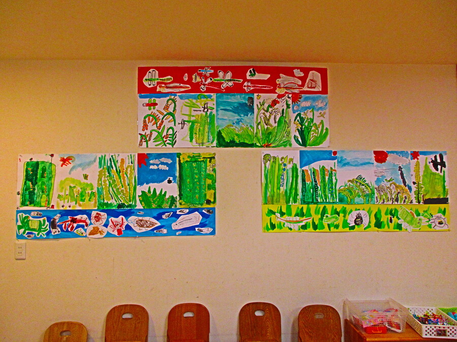 みんなが描いた稲の絵を、運動会の競技で使います。田んぼを守る仲間たちの絵も描きました。空には虫を食べてくれるトンボやさぎ、水には田んぼのお掃除屋さんのタニシやおたまじゃくし、アカハライモリが住んでるよ。近くの草には稲に近づく虫を食べるクモや田んぼで育ったカエルもいるよ。いきもの調べの経験から、自然のなかで植物と生き物は つながっていて、お互いに大事な存在だと気づかされました。