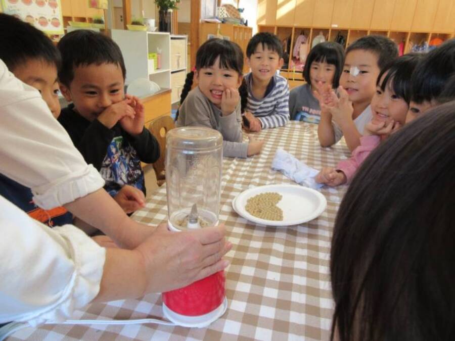 お餅つきの準備できな粉の味付け。「きな粉って何でできてるのかな?」「小麦粉?」「砂糖?」「大豆?」…ということで、大豆がきな粉に変身するのか、実験してみました。出来上がった粉の色や匂い、味から「やっぱり大豆だ‼」「おいしい~」「おかわり~」と大人気の大豆でした。図鑑や絵本で得た知識をさらに体験してみることで、発見したり、考えたりすることが面白い活動でした。
