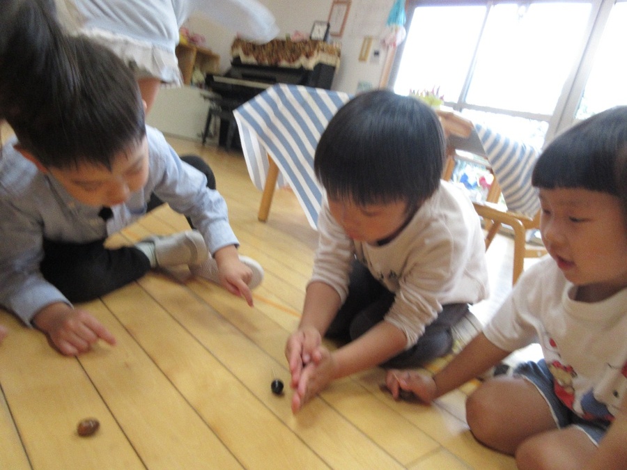 拾ってきたどんぐりでこまを作りました。どうしたら上手に回せるのかな?と友達同士で話したり、上手に回せるようになった友達の真似をしたりしながら徐々に誰が一番長く回せるかな?と勝負を楽しむ子どもたちです♪