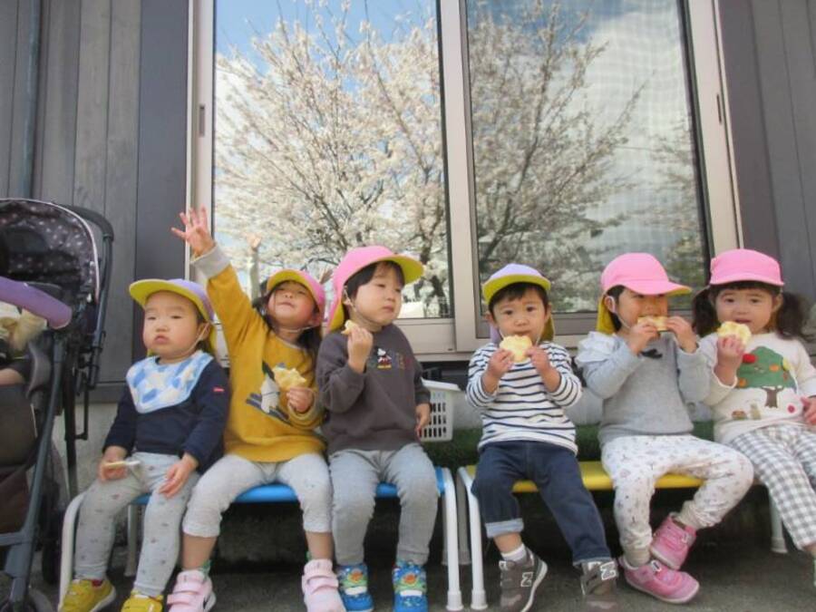 桜が満開!ぜひお花見しようということで、外でおやつを食べました。「きれいだね~」と花を眺めたり「あっ!ひこうき」と発見しながらのんびりした時間を過ごしました。みんなの後ろのガラスに桜が映っててナイスでしょ!