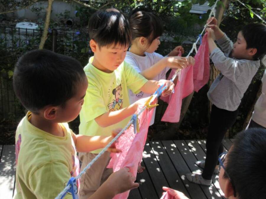 赤いチューリップの花びらで「花びら染め」。水と酢が混ざっている液の中で花びらをもむと液が真っ赤に!前日豆乳につけておいた布をしばらくつけておくと布が鮮やかなピンク色に大変身☆彡ちょっぴり酢の香りが苦手だった子どもたちもピンク色に染まった布を見て大興奮でした!!